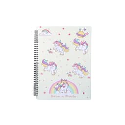 A spiral-bound folder featuring colourful unicorns, stars, and rainbows on a light background with a playful design.
