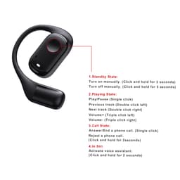 A pair of black open-ear headphones with a control button and flexible design, featuring a logo.