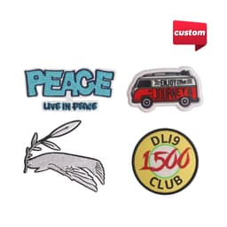 Four custom woven patches featuring various designs: a blue "Peace" patch, a red vintage van patch, a black and white feather patch, and a circular patch in yellow and red.