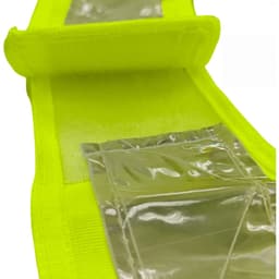 A bright yellow reflective safety vest featuring adjustable straps and clear pockets. It includes a logo on the material.