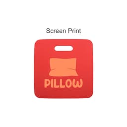 A red stadium seat cushion with a handle and a graphic of a pillow on the surface. It features a logo.
