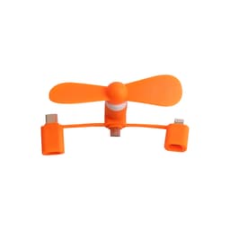 An orange 3 in 1 smart phone fan with connectors for multiple device types. It has a compact, lightweight design.