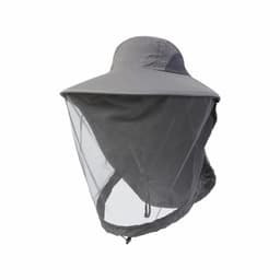 A grey mosquito mesh hat featuring a wide brim and a mesh neck cover for protection against insects.