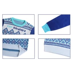 A unisex winter acrylic cotton jacquard sweater featuring blue and turquoise patterns, with a ribbed collar and cuffs.