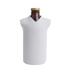 A drink bottle cooler in white, resembling a sleeveless top, with a bottle partially exposed at the top.