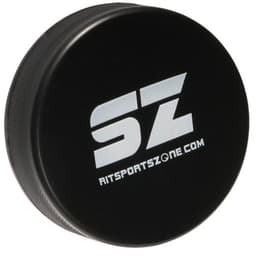 A black hockey puck shaped stress reliever with a logo on the front.
