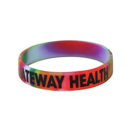A marble coloured silicon wristband featuring a logo, with vibrant hues of red, green, and purple.