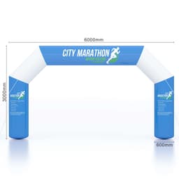 A large inflatable arch in blue and white with a logo, designed for marathon events, measuring 6000mm wide and 3000mm high.