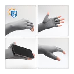 Long sleeve, grey sun protective fingerless gloves with textured grip, designed to cover hands and forearms.