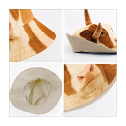 A bucket hat featuring a cow design with brown and white patterns, complete with animal ears and a neutral interior.