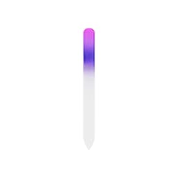 A gradient coloured glass nail file featuring a purple and white design, with a smooth finish.
