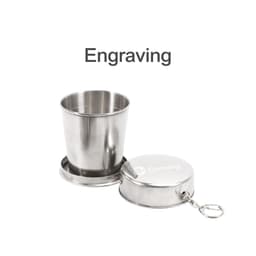 A compact stainless steel folding cup in silver, with a base that doubles as a lid and includes a keychain attachment.