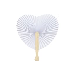 A white heart-shaped plastic paper fan with a beige handle, featuring a pleated design.
