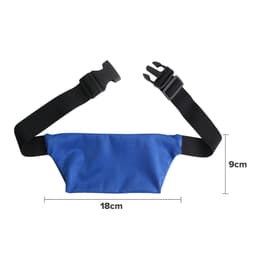 A blue waist bag with adjustable straps, featuring a clasp and a logo, measuring 18cm x 9cm.