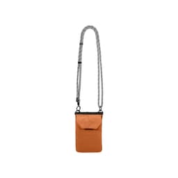 An orange minimalist crossbody phone bag with a patterned strap and a front pocket. It features a logo.