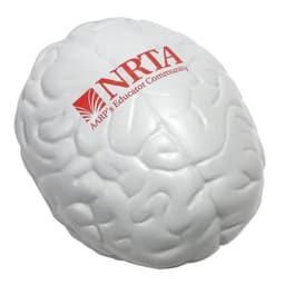 A white brain-shaped stress reliever featuring a logo on one side.