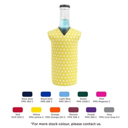 A drink bottle in a yellow polka dot cooler, featuring a V-neck design and displaying various colour options below.