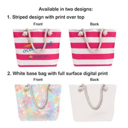 A tote bag with a striped pink design and rope handles, featuring a logo. Another design has a white base with a floral print.