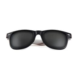 Stylish sunglasses in black with dark lenses, featuring a sleek design and a logo on the frame.