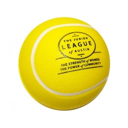 A yellow tennis-shaped stress reliever with a texture resembling a tennis ball and featuring a logo.