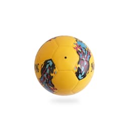 A bright yellow training soccer ball featuring colourful geometric patterns and a logo.