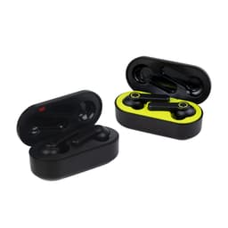 Quality True Wireless Earbuds in black with a green interior, displayed in their charging cases. Each case has a logo.