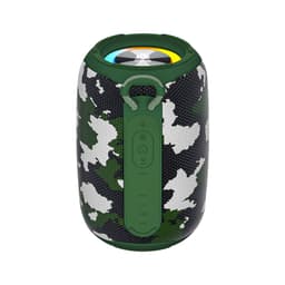 A green camo outdoor Bluetooth speaker with a light ring and various input options on the side, featuring a logo.
