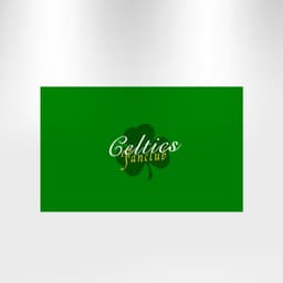 A green rectangular flag featuring a logo and text. The design includes a shamrock motif.