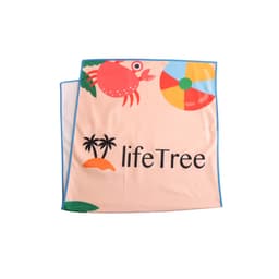 A microfibre beach towel with a light background featuring a crab, beach ball, and branding. Sized at 50x100cm.