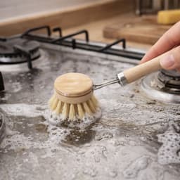 A wooden cleaning scrubber with a long handle and natural bristles, submerged in bubbly water on a stove.