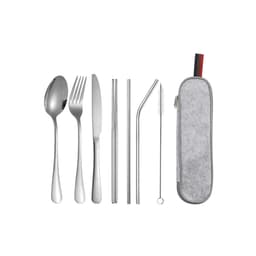 A stainless steel flatware set featuring a spoon, fork, knife, two metal straws, a bent straw, a cleaning brush, and a grey case.