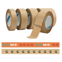 Self-adhesive reinforced kraft paper tape in brown, featuring a logo and a decorative printed design.