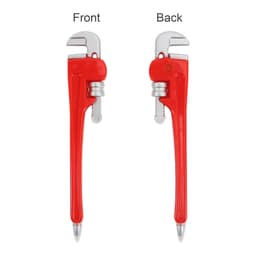 A red pipe wrench-shaped ballpoint pen featuring a silver detailing and a logo on one side.