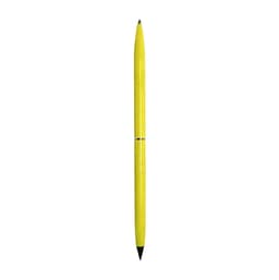 A double-ended pencil and ballpoint pen in bright yellow with a silver band, featuring a logo.
