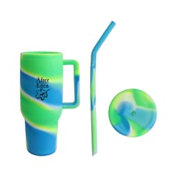 A drink bottle in vibrant green and blue silicone, featuring a handle, a straw, and a lid. It has a logo.