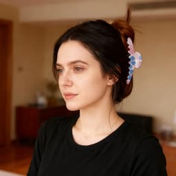 A hair clip in pastel pink and blue patterns worn in a woman's dark hair, styled with a simple black top.
