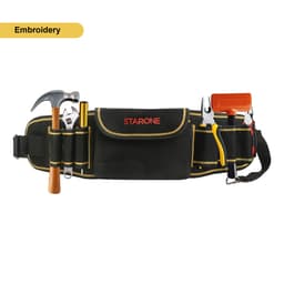 A black waist tool bag with yellow trim, featuring a hammer, pliers, and other tools, plus a logo.