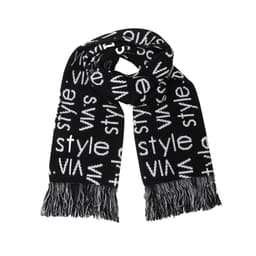 Acrylic fibres scarf in black and white featuring a repeated text pattern with fringe edges. Includes a logo.