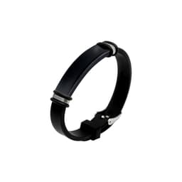 A sleek engraved bracelet featuring a dark band with silver accents and a branded logo.
