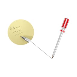 A screwdriver-shaped ballpoint pen in silver and red, with a written note beside it showing ink lines.