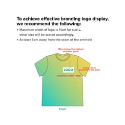 A gradient long-sleeved t-shirt in green and yellow with a logo placement guide.