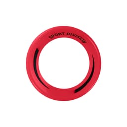A red donut-shaped flyer with a black accent and a logo on the surface.