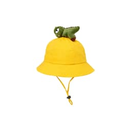 A yellow bucket hat featuring a plush dinosaur perched on top, complete with an adjustable chin strap.