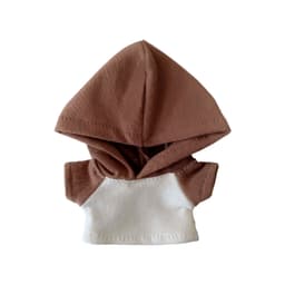 A plush doll raglan hoodie featuring a brown and white design, complete with a large hood. It has a logo.