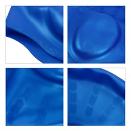 A blue swimming cap with earmuffs featuring a textured surface and a smooth centre, plus logos displayed.