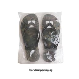 A pair of camouflage rubber thongs in standard packaging, featuring black straps and a textured sole.