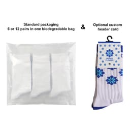 Woven work socks featuring a towel bottom with a blue and white floral design in biodegradable packaging.