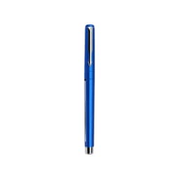 A blue promotional pen with a shiny silver clip and a sleek design. It includes a logo on its body.