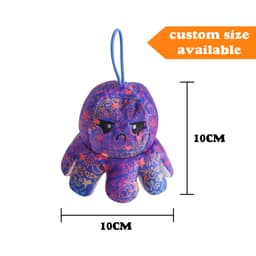 A small, reversible purple octopus plush toy with a sad face. It has a loop for hanging and features a whimsical design.