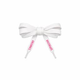 A pair of white shoelaces tied in a bow, featuring pink text on the ends and a logo.
